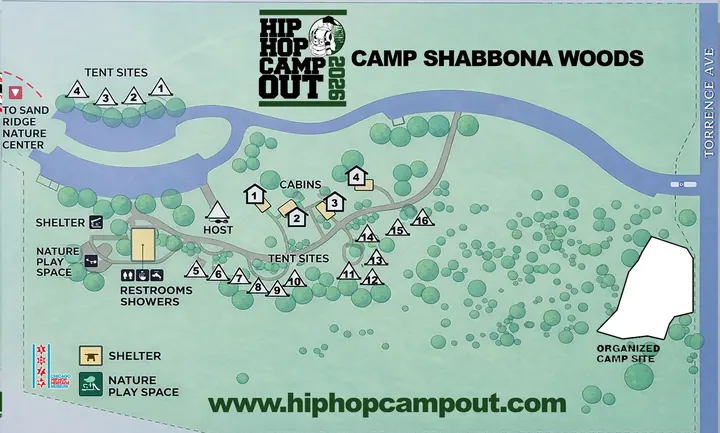 Map of Camp Shabbona Woods showing tent sites, cabins, shelter, restrooms and showers, nature play space, the oversize group camp site and the trail to Sand Ridge Nature Center. www.hiphopcampout.com
