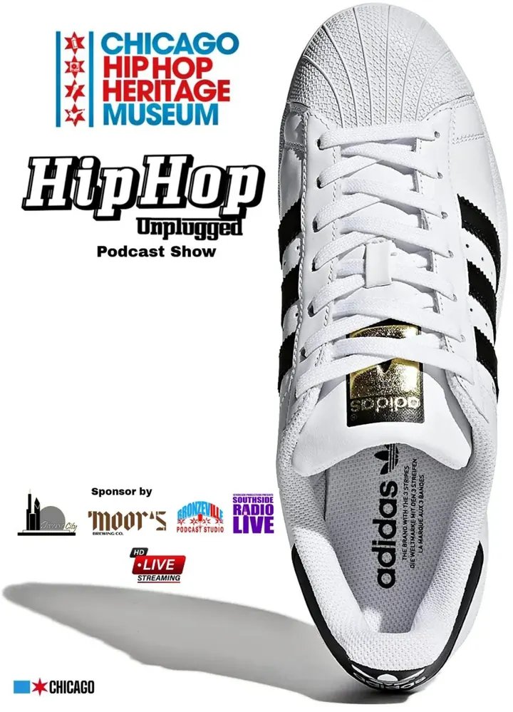 Chicago Hip Hop Heritage Museum, Hip Hop Unplugged podcast show flyer with a white sneaker.